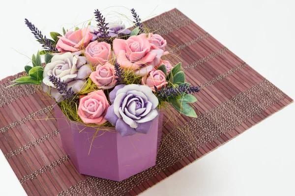 Homemade Soap Form Roses Gift Bamboo Napkin Top View — Stock Photo, Image