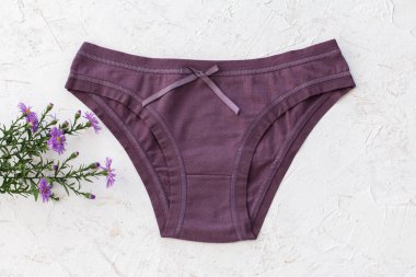 Beyaz arka planda çiçekli kahverengi pamuklu külot. Kadın iç çamaşırı seti. Üst görünüm.