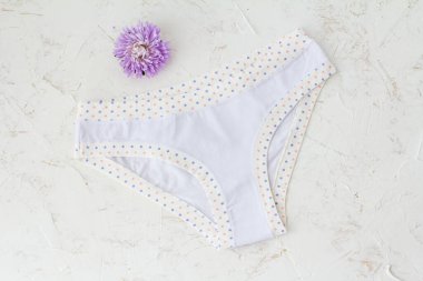 Yapılandırılmış arka planda çiçek tomurcuğu olan beyaz pamuklu külotlar. Kadın iç çamaşırı seti. Üst görünüm.