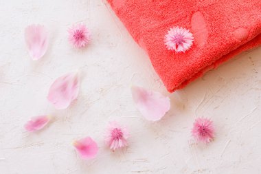 Beyaz arka planda havlu, çiçek ve gül yaprakları. Üst görünüm.