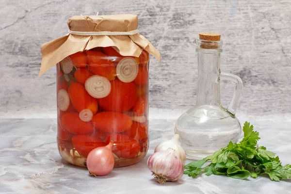 Tomatoes Preserved Glass Jar Bottle Vinegar Parsley Leaves Onion Heads — Stock Photo, Image