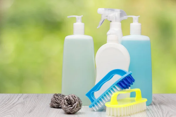 Botellas Plástico Líquido Lavavajillas Limpiador Vidrio Baldosas Detergente Para Hornos —  Fotos de Stock