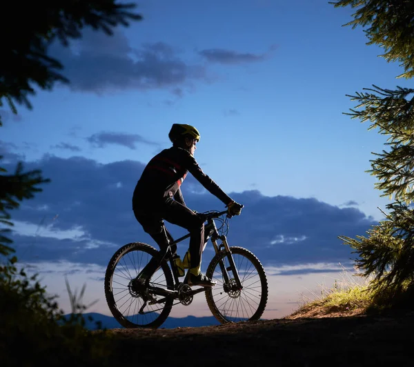 Side View Man Riding Bike Blue Evening Sky Clouds Silhouette — Stock Photo, Image