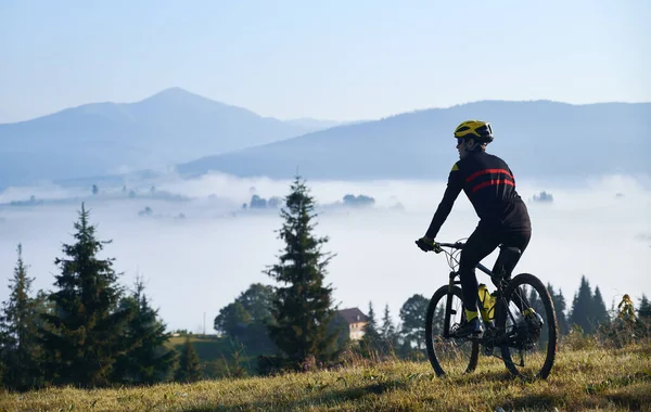 骑自行车的骑自行车的人在青草山上的轮廓 骑自行车的男性骑自行车的人喜欢观赏雄伟的高山 自行车和自然的概念 — 图库照片