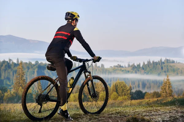 Visszapillantás Férfi Kerékpáros Kerékpáros Ruha Áll Kerékpár Tűlevelű Fák Dombok — Stock Fotó