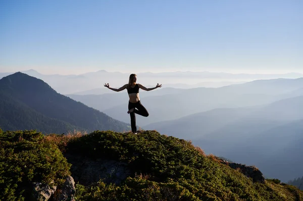 美しい風景と朝の新鮮な空気の中で瞑想を行う若い魅力的な女性のフロントビュー 瞑想の概念 — ストック写真