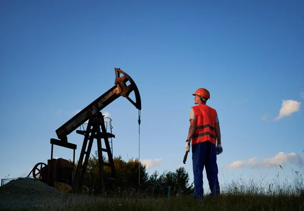 Achteraanzicht Van Mannelijke Werknemer Beschermende Helm Staan Buurt Van Petroleum — Stockfoto