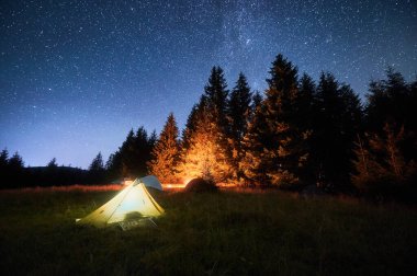 Çimenli, berrak, yıldızlı gökyüzünün altında parlayan kamp ateşiyle aydınlatılmış birkaç çadır. Dağlarda yüksek çam ağaçlarıyla çevrili. Doğada kamp yaparak geçirilen gecenin huzurlu güzelliği..