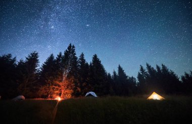 Çimenli, berrak, yıldızlı gökyüzünün altında parlayan kamp ateşiyle aydınlatılmış birkaç çadır. Dağlarda yüksek çam ağaçlarıyla çevrili. Doğada kamp yaparak geçirilen gecenin huzurlu güzelliği..