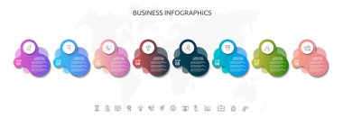 Soyut etiketli 8 basamaklı bilgi grafikleri. Pankart, iş akışı düzeni, akış şeması, bilgi grafiği, zaman çizelgesi, içerik, seviye, grafik, işlem diyagramı için kullanılan sekiz vektör şablonu