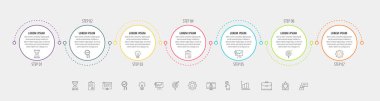 7 adımlı çember vektör çizgisi bilgisi, simgeler. Diyagram, grafik, ağ, bayrak, iş akışı düzeni, sunumlar, bilgi grafiği, seviyeler, grafik, işlem diyagramı için kullanılan zaman çizelgesi