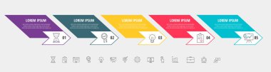 5 adım, etiket, sayı ve oklu vektör bilgisi. Diyagram, grafik, web, banner, iş akışı düzeni, akış şeması, bilgi grafiği, zaman çizelgesi, içerik, seviyeler, grafik için kullanılan zaman çizelgesi