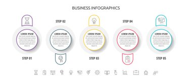 Beş adımlı vektör bilgi çemberleri, etiketler. Çizgi çizelgesi Diyagram, iş, iş akışı düzeni, sunumlar, bilgi grafiği, içerik, seviyeler, işlem diyagramı, görselleştirme için kullanılan zaman çizelgesi
