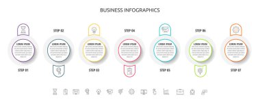 7 adımlı vektör bilgi çemberleri, etiketler. Çizgi çizelgesi Diyagram, pankart, iş akışı düzeni, sunumlar, akış şeması, bilgi grafiği, içerik, seviyeler, görselleştirme için kullanılan zaman çizelgesi