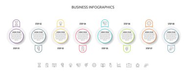 8 adımlı vektör bilgi çemberleri, etiketler. Çizgi çizelgesi Diyagram, iş, web, iş akışı düzeni, sunumlar, akış şeması, bilgi grafiği, seviyeler, işlem diyagramı, görselleştirme için kullanılan zaman çizelgesi