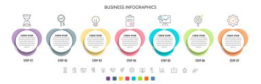 7 adımlı çember vektör çizgisi bilgisi, simgeler. Diyagram, grafik, ağ, bayrak, iş akışı düzeni, sunumlar, bilgi grafiği, seviyeler, grafik, işlem diyagramı için kullanılan zaman çizelgesi