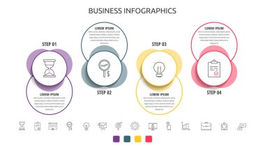 4 adımlı vektör bilgi çemberleri, etiketler. Çizgi çizelgesi Diyagram, web, bayrak, iş akışı düzeni, sunumlar, akış şeması, bilgi grafiği, içerik, işlem diyagramı, görselleştirme için kullanılan zaman çizelgesi