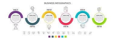 6 adımlı daire vektör çizgisi bilgisi, simgeler. Diyagram, grafik, ağ, afiş, sunum, akış şeması, bilgi grafiği, içerik, seviye, grafik, işlem diyagramı için kullanılan zaman çizelgesi
