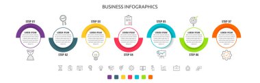 7 adımlı çember vektör çizgisi bilgisi, simgeler. Diyagram, grafik, ağ, bayrak, iş akışı düzeni, sunumlar, bilgi grafiği, seviyeler, grafik, işlem diyagramı için kullanılan zaman çizelgesi