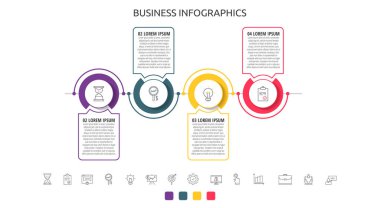 4 adımlı çember vektör çizgisi bilgisi, simgeler. Diyagram, grafik, iş akışı düzeni, sunumlar, akış şeması, bilgi grafiği, içerik, seviye, grafik, işlem diyagramı için kullanılan zaman çizelgesi
