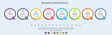 8 adımlı çember vektör çizgisi bilgisi, simgeler. Grafik, web, afiş, iş akışı düzeni, sunumlar, akış şeması, bilgi grafiği, içerik, seviye, grafik, işlem diyagramı için kullanılan zaman çizelgesi
