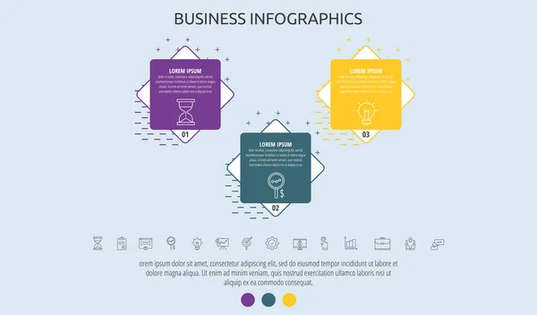 Etykieta Infograficzna Firmy Wektorowej Kwadratami Dla Trzech Etykiet Schematów Wykresów — Wektor stockowy