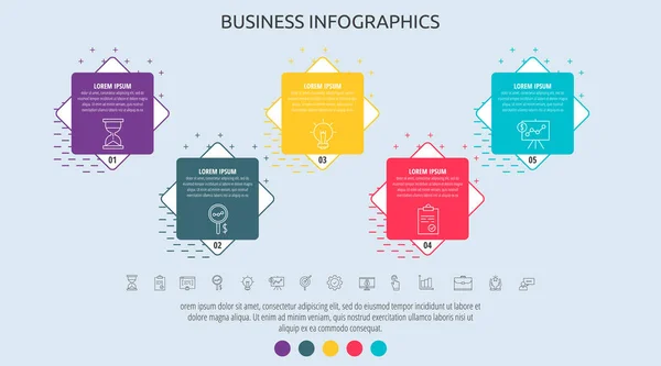 Etykieta Infograficzna Firmy Wektorowej Kwadratami Dla Pięciu Etykiet Schematów Wykresów — Wektor stockowy