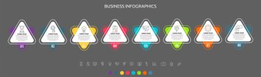 8 basamaklı modern ve basit düz vektör üçgen bilgisi. Diyagram, grafik, ağ, iş akışı düzeni, sunumlar, akış şeması, bilgi grafiği, içerik, seviye, grafik, işlem diyagramı için zaman çizelgesi