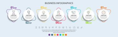 Modern ve basit düz vektör çemberleri. 7 adım, üçgen. Diyagram, grafik, ağ, afiş, iş akışı düzeni, sunumlar, akış şeması, içerik, grafik, işlem diyagramı için zaman çizelgesi