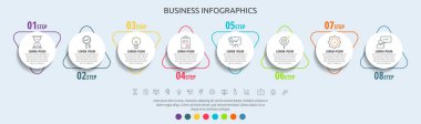 Modern ve basit düz vektör daireleri. 8 adım, üçgen. Diyagram, grafik, iş akışı düzeni, sunumlar, akış şeması, bilgi grafiği, içerik, seviye, grafik, işlemler diyagramı