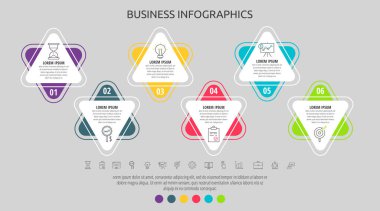 Altı basamaklı modern ve basit düz vektör üçgen bilgisi. Diyagram, grafik, ağ, afiş, sunum, akış şeması, bilgi grafiği, içerik, seviye, grafik, işlem diyagramı için zaman çizelgesi