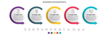 Modern ve basit düz vektör daireleri. Beş adım, oklar. Diyagram, iş, web, afiş, iş akışı düzeni, sunumlar, akış şeması, bilgi grafiği, içerik, seviyeler, grafik