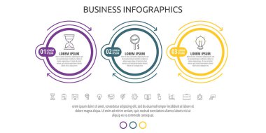 Modern çizgi vektörü 3 adım ve oklarla bilgi çemberi çiziyor. Diyagram, iş, iş akışı düzeni, sunumlar, akış şeması, bilgi grafiği, zaman çizelgesi, içerik, grafik, süreçler için üç seçenek