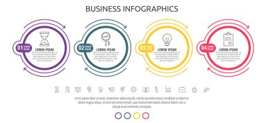 Modern çizgi vektörü 4 adım ve oklarla bilgi çemberi çiziyor. Diyagram, web, iş akışı düzeni, sunumlar, akış şeması, bilgi grafiği, zaman çizelgesi, içerik, seviyeler, grafik, süreçler için dört seçenek