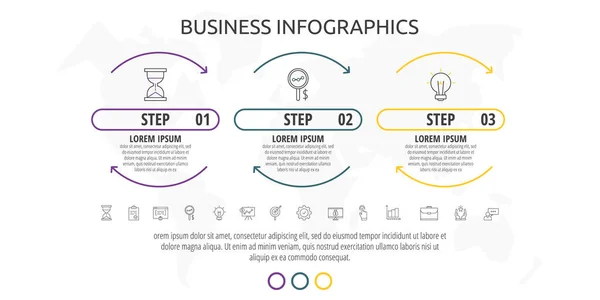 Инфографика Тремя Шагами Иконками Шаблон Вектора Данных Линии Используется Управления — стоковый вектор
