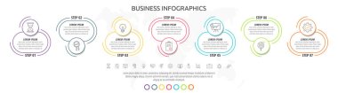 Çizgi bilgisi çemberleri yedi adımlı, etiketli. Zaman çizgisi veri vektör şablonu. Diyagram, iş, web, afiş, iş akışı düzeni, sunumlar, akış şeması, içerik, grafik, işlem diyagramı için kullanılır