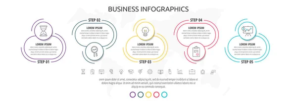 Cercles Infographie Ligne Avec Cinq Étapes Étiquettes Modèle Vectoriel Données — Image vectorielle