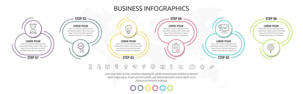 Círculos Infografía Línea Con Seis Pasos Etiquetas Plantilla Vector Datos — Archivo Imágenes Vectoriales