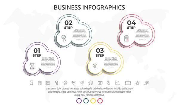 Linien Infografiken Kreise Mit Vier Schritten Beschriftungen Zeitleiste Datenvektorvorlage Verwendet — Stockvektor