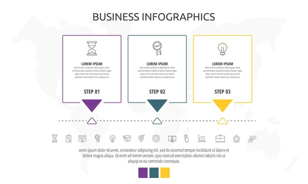 Line Cards Three Steps Arrows Rectangular Infographic Frames Timeline Data — Stock Vector