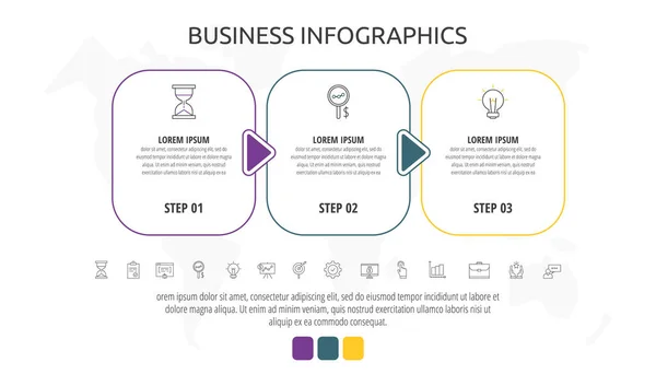 Linienkarten Mit Drei Schritten Pfeile Rechteckige Infografik Frames Timeline Datenvektorvorlage — Stockvektor