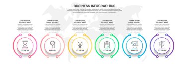 Vektör bilgisi altı daire. İş konsepti 6 adım, seçenekler. Diyagram, iş, ağ, bayrak, sunum, akış şeması, içerik, seviyeler, grafik için bilgi şablonu
