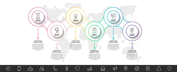 Moderní Lineární Vektorová Infografie Ikonami Šesti Kroky Kruhy Tenkými Čarami — Stockový vektor