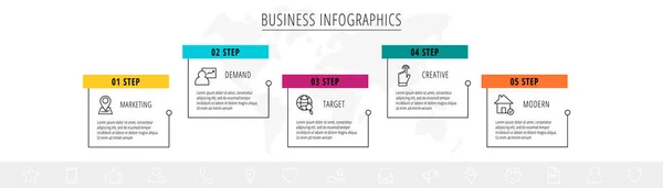 Etiqueta Modelo Infográfico Linha Vetorial Para Cinco Rótulos Retangulares Coloridos — Vetor de Stock