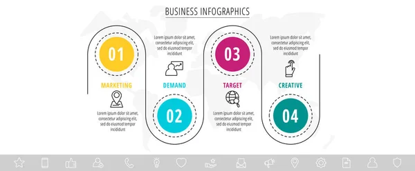 Moderní Lineární Vektorová Infografie Ikonami Čtyřmi Kroky Kruhy Tenkými Čarami — Stockový vektor