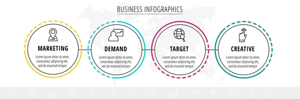 Infografías Vectoriales Cuatro Círculos Con Flechas Concepto Negocio Línea Pasos — Vector de stock