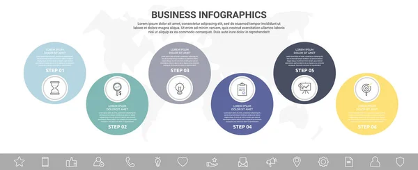 Vector Seis Pasos Infografías Círculos Con Iconos Concepto Moderno Línea — Vector de stock