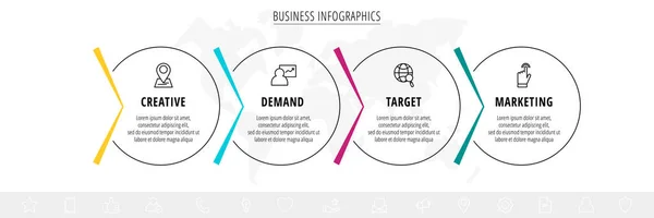 Infografías Vectoriales Cuatro Círculos Con Flechas Concepto Negocio Línea Pasos — Vector de stock