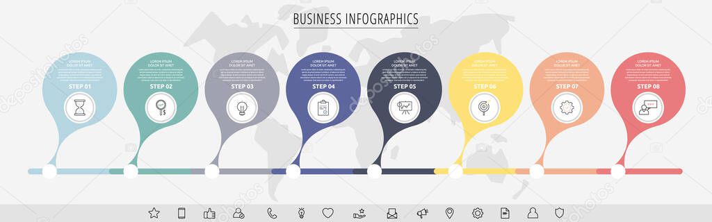 Vector eight step infographics from circles with icons. Modern timeline concept for chart, levels, web, diagram, banner, presentations, business, diagram