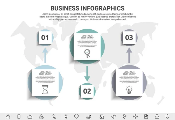 Minimal Infographics Three Square Elements Circles Modern Visualization Step Step — Stock Vector